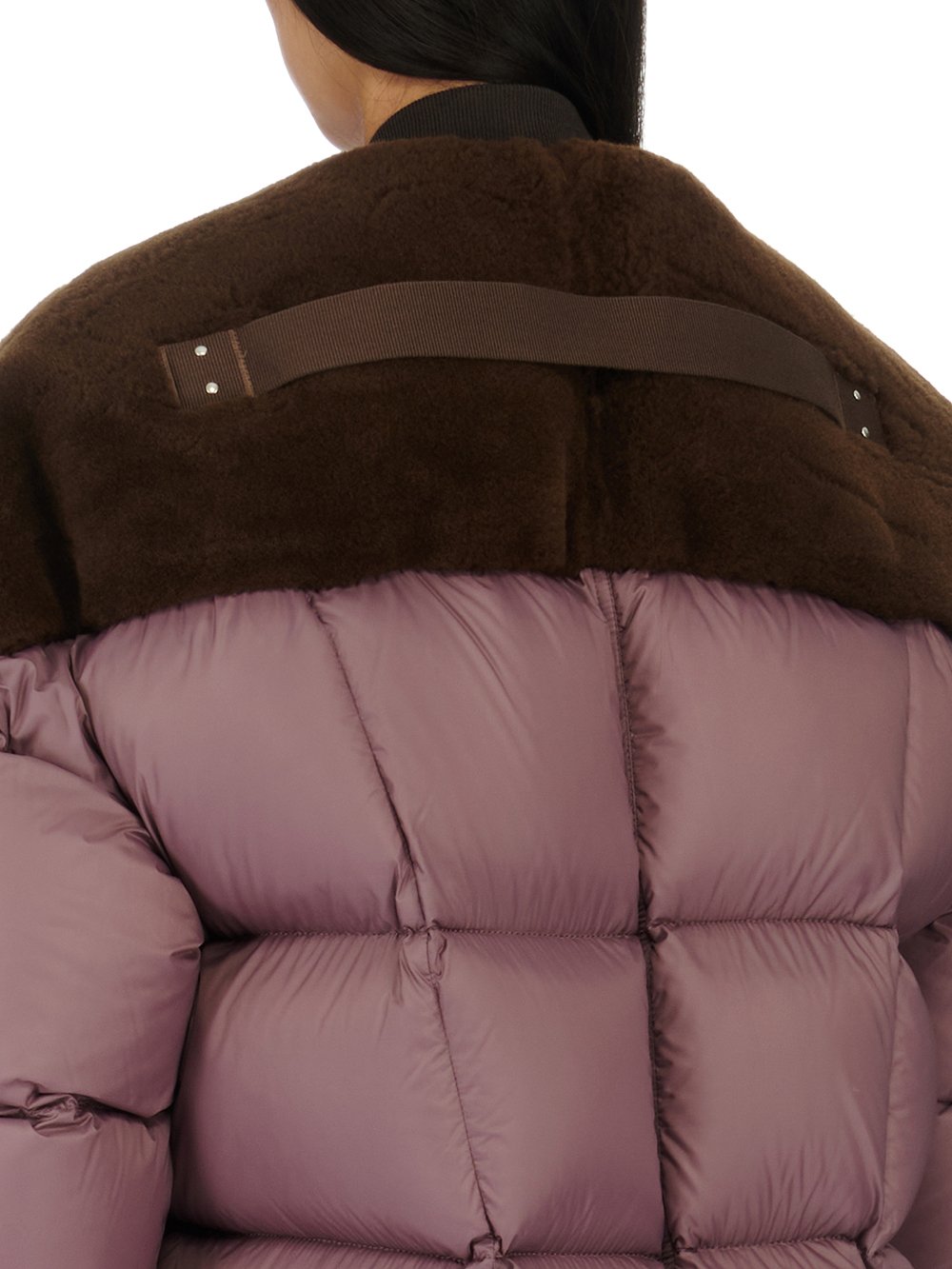 RICK OWENS FW23 LUXOR FLIGHT JKT IN BROWN AND AMETHYST BUTTER LAMB SHEARLING AND RECYCLED NYLON