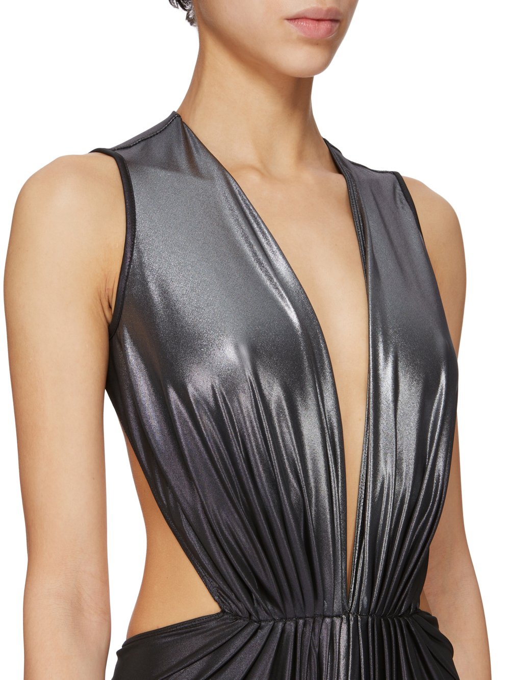 RICK OWENS LILIES FW23 LUXOR GIA BODYSUIT IN SILVER DEGRADE GLOSSY VISCOSE JERSEY