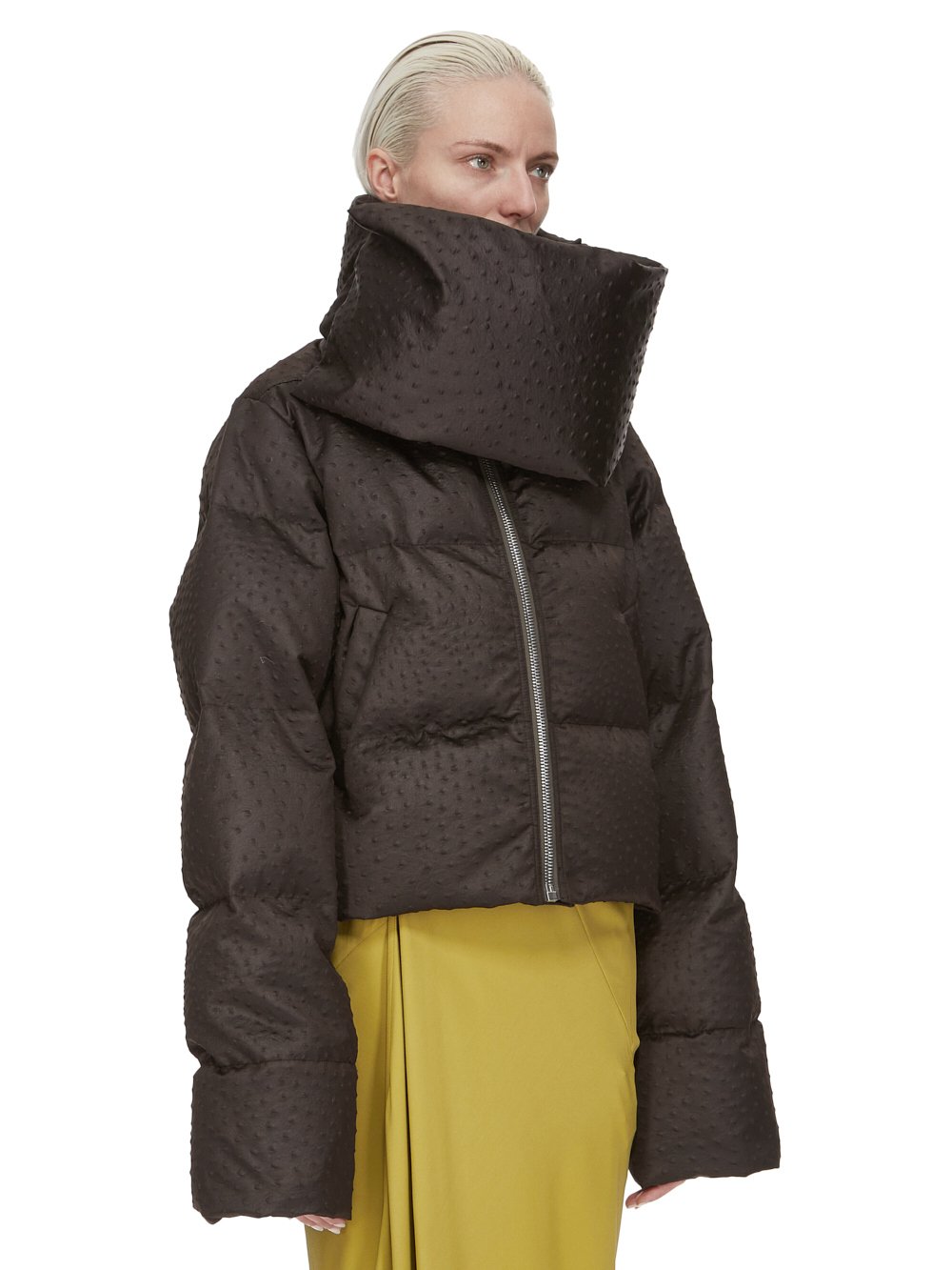 RICK OWENS FW23 LUXOR FUNNEL NECK JKT IN BROWN OSTRICH DUCHESSE