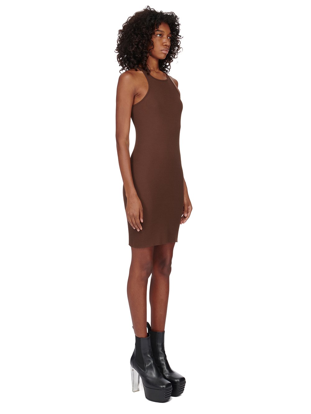 RICK OWENS FW23 LUXOR KNEE TANK DRESS IN BROWN VISCOSE SILK RIB JERSEY