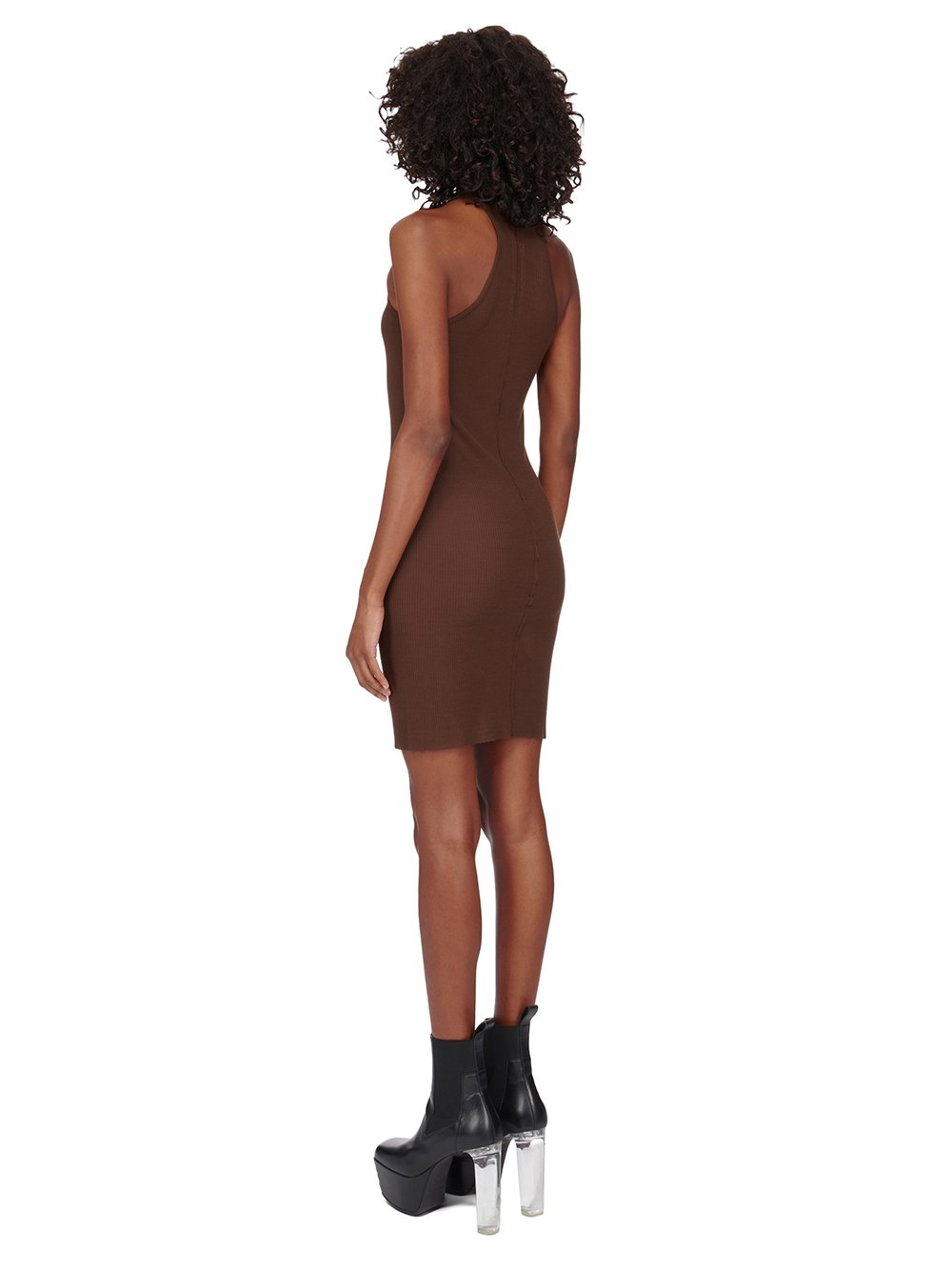 RICK OWENS FW23 LUXOR KNEE TANK DRESS IN BROWN VISCOSE SILK RIB JERSEY