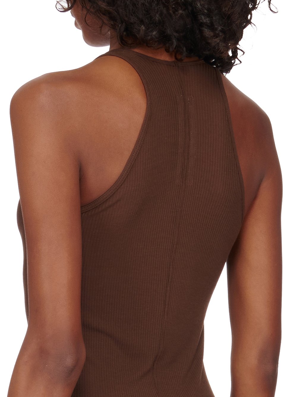 RICK OWENS FW23 LUXOR KNEE TANK DRESS IN BROWN VISCOSE SILK RIB JERSEY