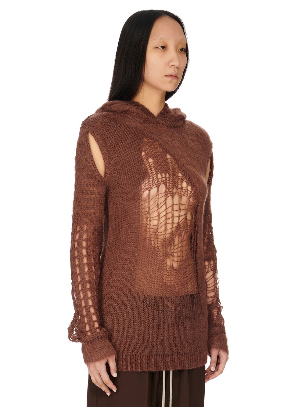 RICK OWENS FW23 LUXOR SPIDER CAPE SLEEVE HOODIE IN BROWN SPIDER KNIT