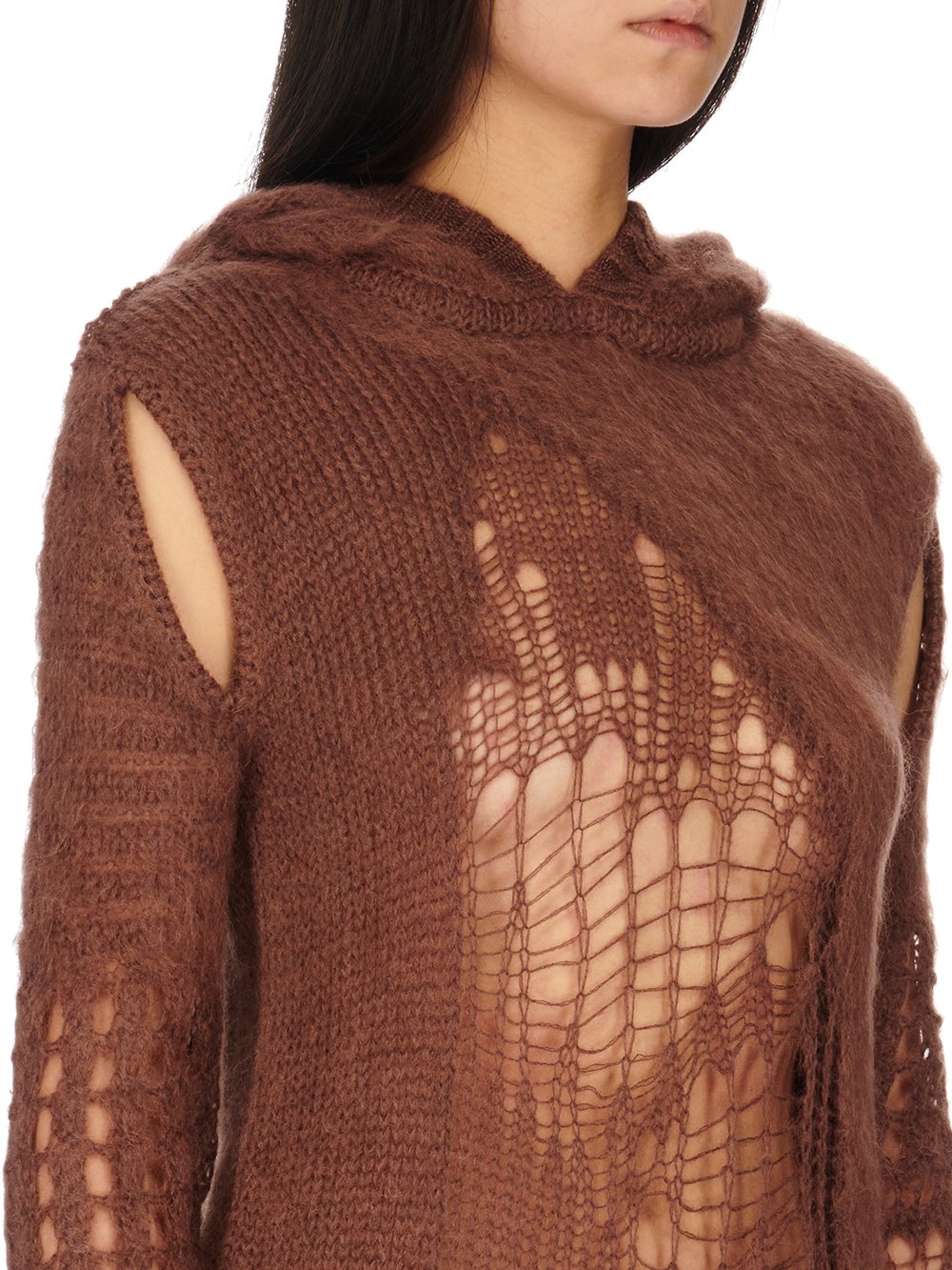 RICK OWENS FW23 LUXOR SPIDER CAPE SLEEVE HOODIE IN BROWN SPIDER KNIT