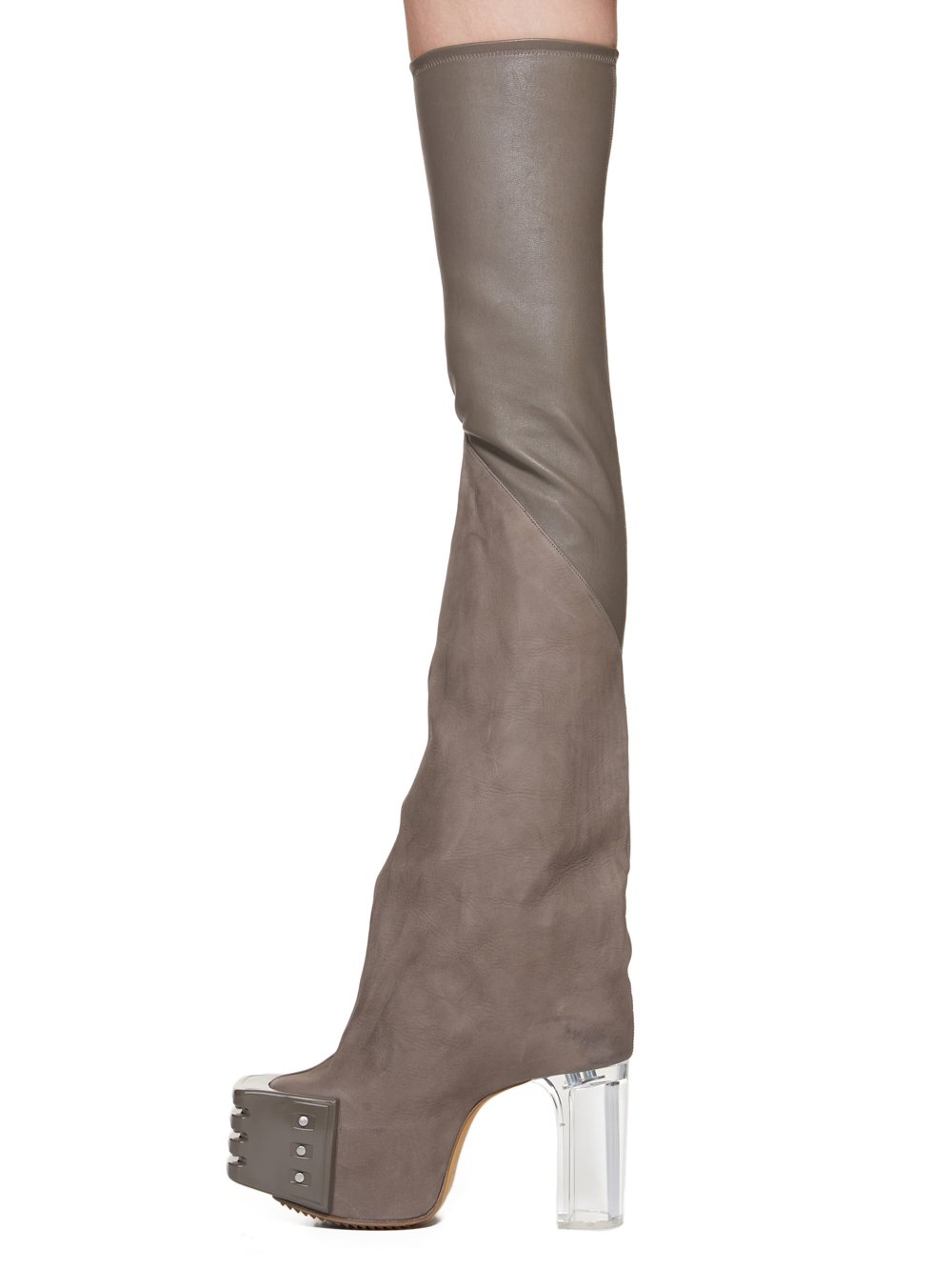 RICK OWENS FW23 LUXOR RUNWAY FLARED PLATFORMS 45 IN DUST STRETCH LAMB LEATHER AND GREYWOLF NUBUCK