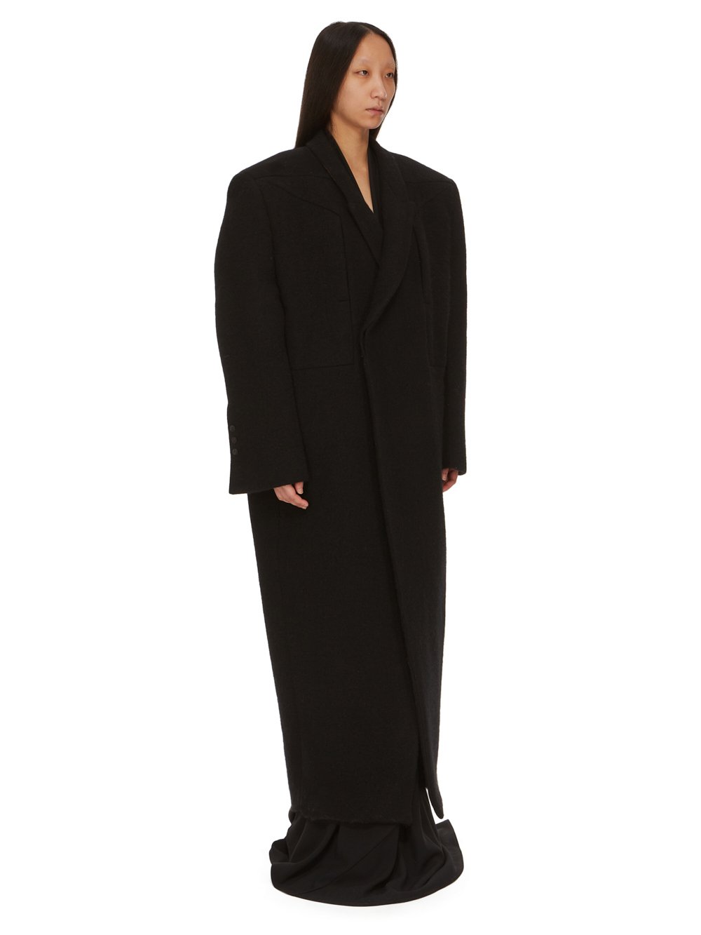 RICK OWENS FW23 LUXOR JUMBO TATLIN LONG COAT IN  BLACK BOILED WOOL