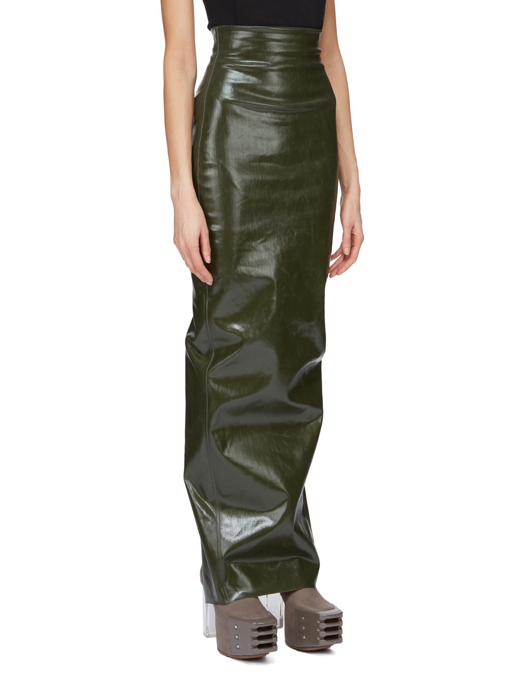 RICK OWENS FW23 LUXOR RUNWAY DIRT PILLAR IN FOREST LACQUERED STRETCH DENIM