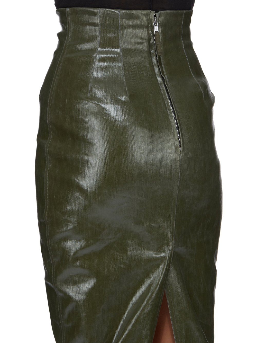 RICK OWENS FW23 LUXOR RUNWAY DIRT PILLAR IN FOREST LACQUERED STRETCH DENIM