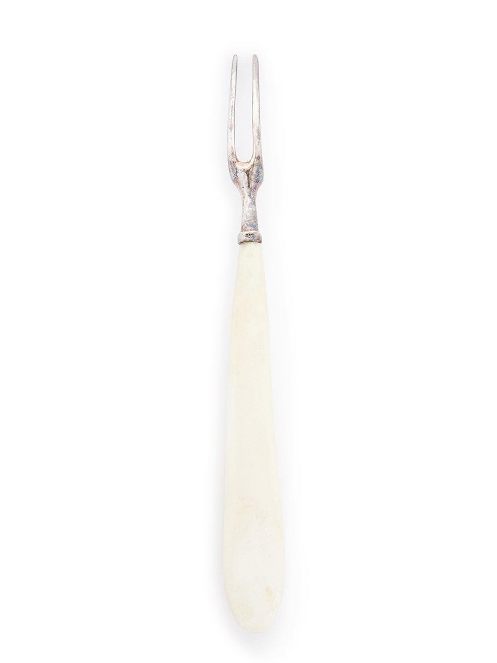 RICK OWENS SNAIL FORK FEATURES A SMALL TWO TINE STERLING TOP, AND A SLIM NATURAL COLOR BONE HANDLE.