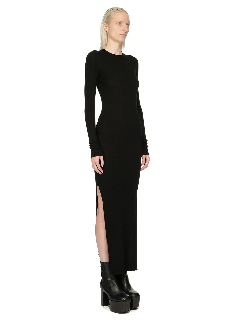 RICK OWENS FW23 LUXOR RIBBED ROUND NECK DRESS IN BLACK LIGHTWEIGHT RIBBED KNIT