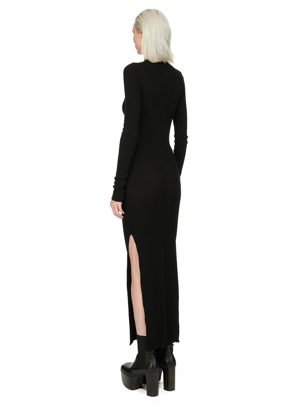 RICK OWENS FW23 LUXOR RIBBED ROUND NECK DRESS IN BLACK LIGHTWEIGHT RIBBED KNIT