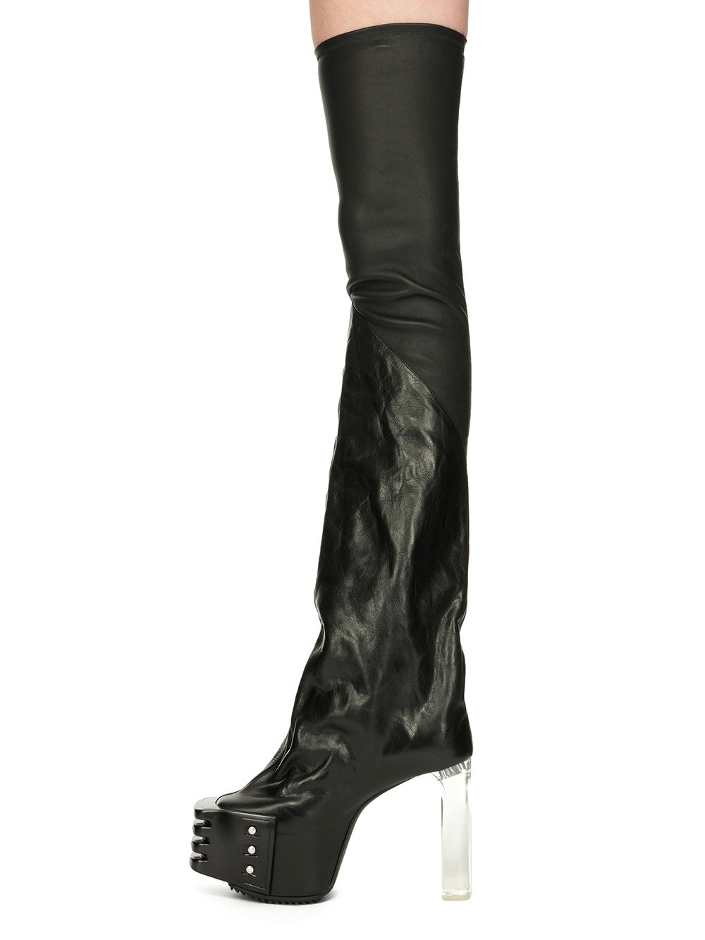 RICK OWENS FW23 LUXOR FLARED PLATFORMS 65 IN BLACK STRETCH LAMB LEATHER AND GLASLUX, GLOSSY CALF LEATHER