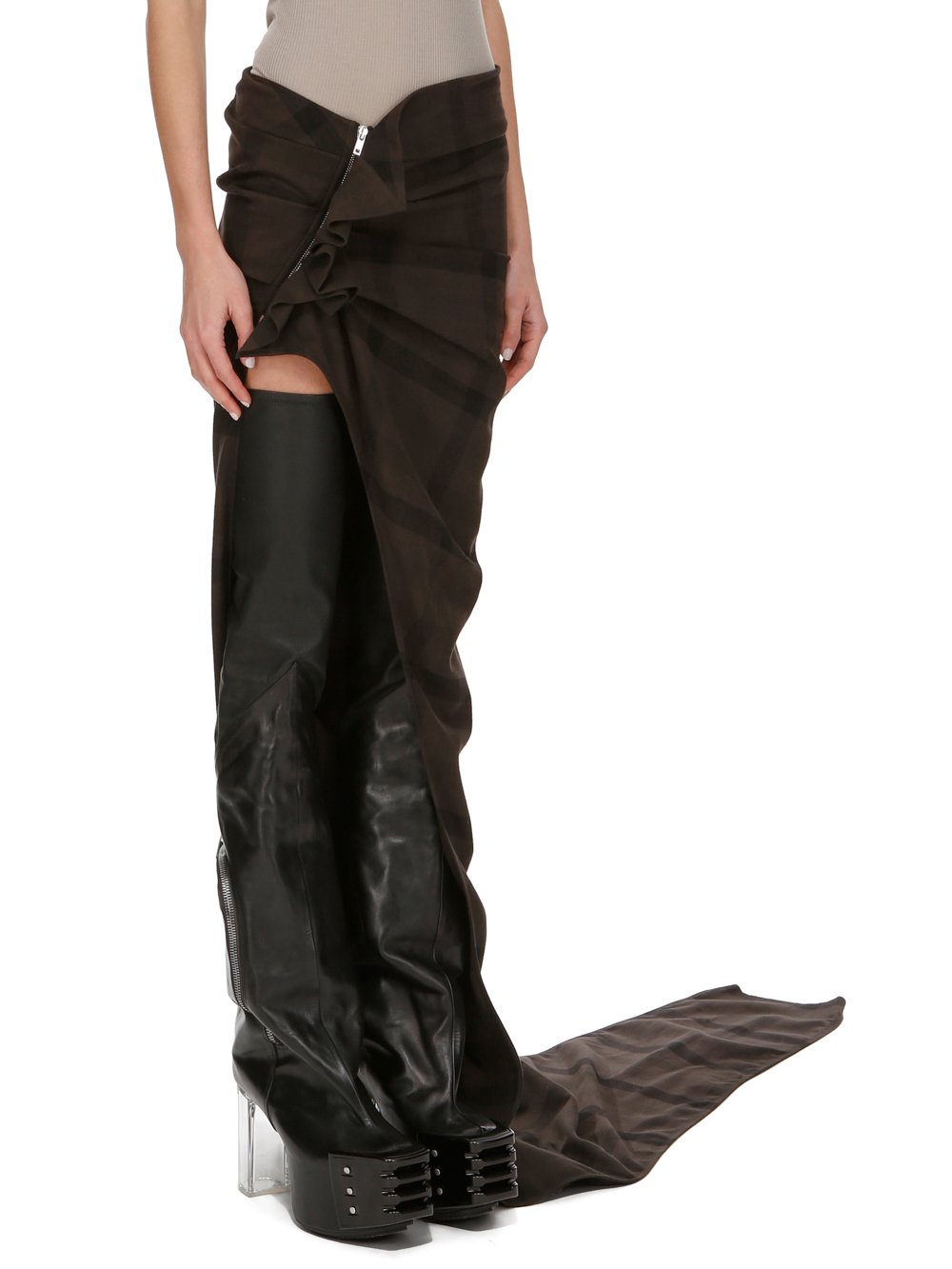 RICK OWENS FW23 LUXOR WOVEN EDFU SKIRT IN DARK DUST COTTON PLAID