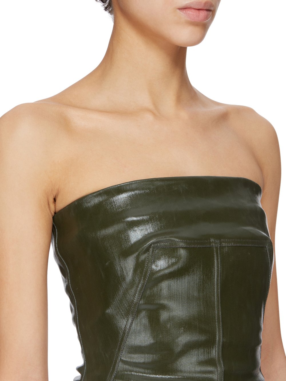 RICK OWENS FW23 LUXOR RUNWAY BUSTIER TOP IN FOREST LACQUERED STRETCH DENIM