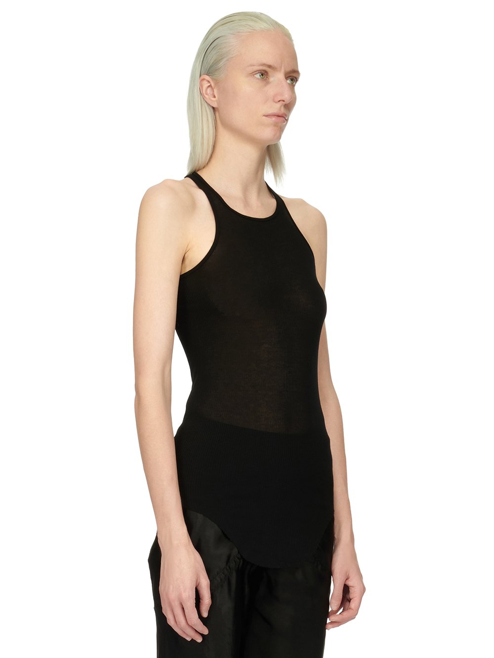 RICK OWENS FOREVER BASIC RIB TANK IN BLACK VISCOSE SILK RIB JERSEY