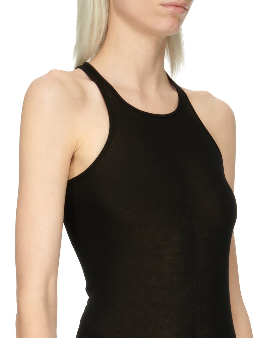 RICK OWENS FOREVER BASIC RIB TANK IN BLACK VISCOSE SILK RIB JERSEY