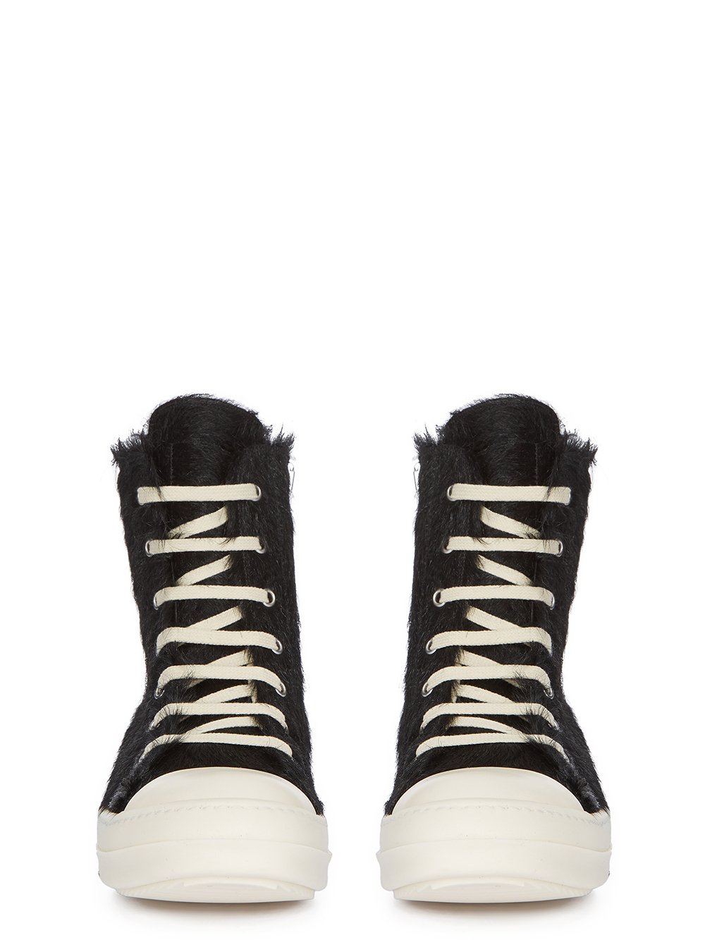 RICK OWENS FW23 LUXOR SNEAKERS IN BLACK AND MILK LONG HAIR PONY