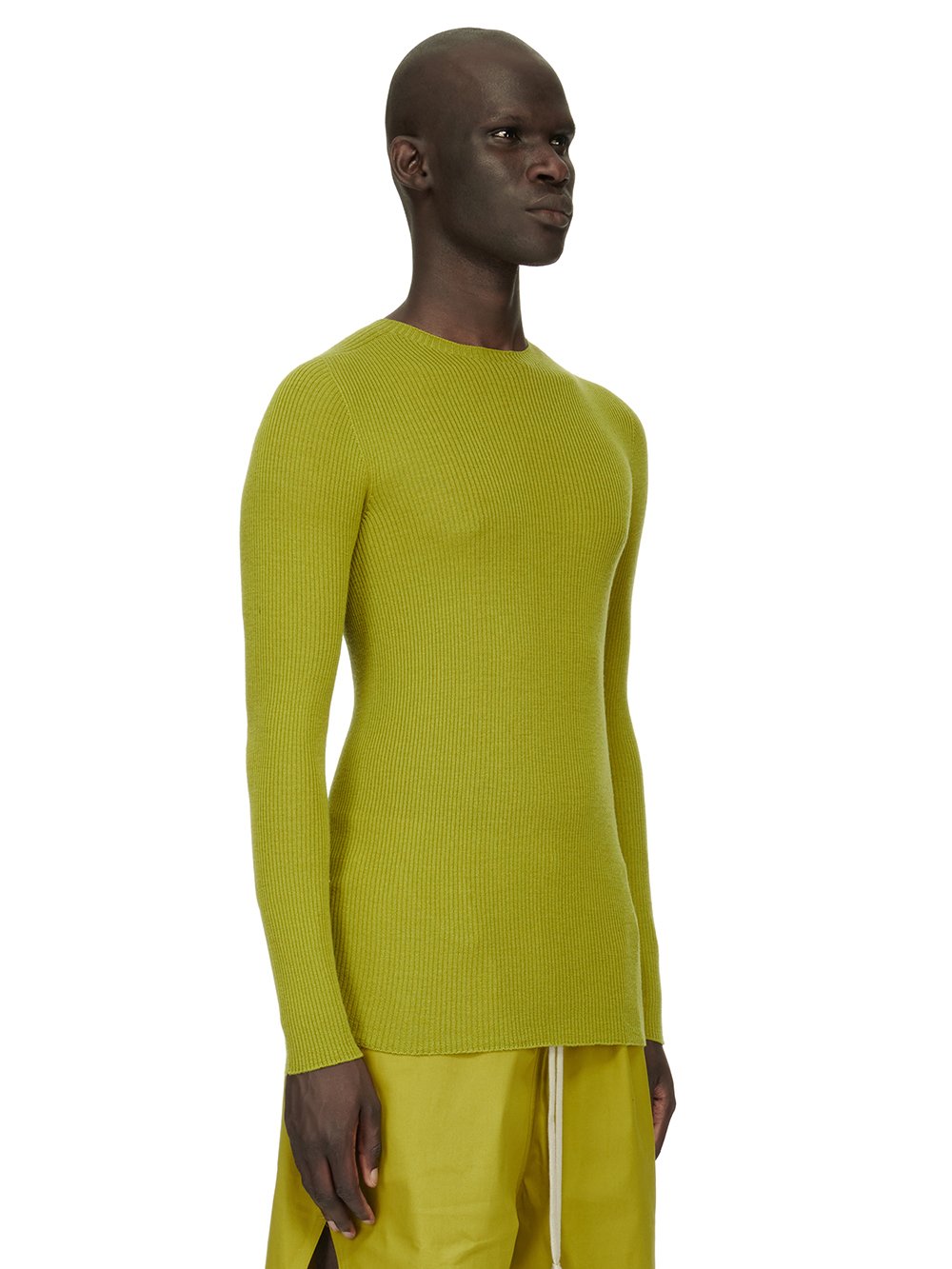 RICK OWENS FW23 LUXOR RIBBED ROUND NECK IN ACID YELLOW LIGHTWEIGHT RIBBED KNIT