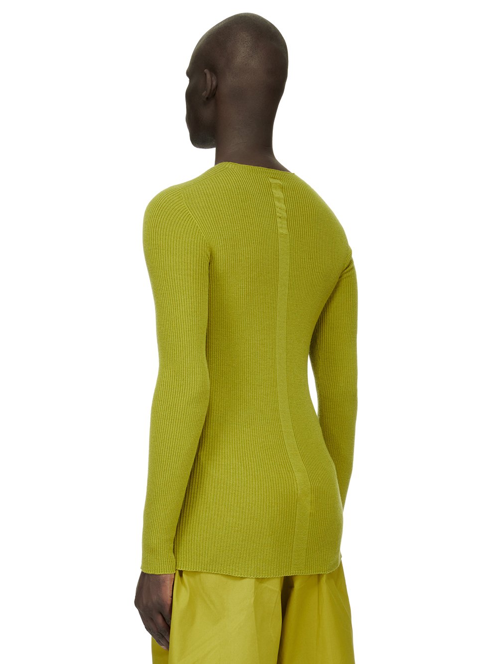 RICK OWENS FW23 LUXOR RIBBED ROUND NECK IN ACID YELLOW LIGHTWEIGHT RIBBED KNIT