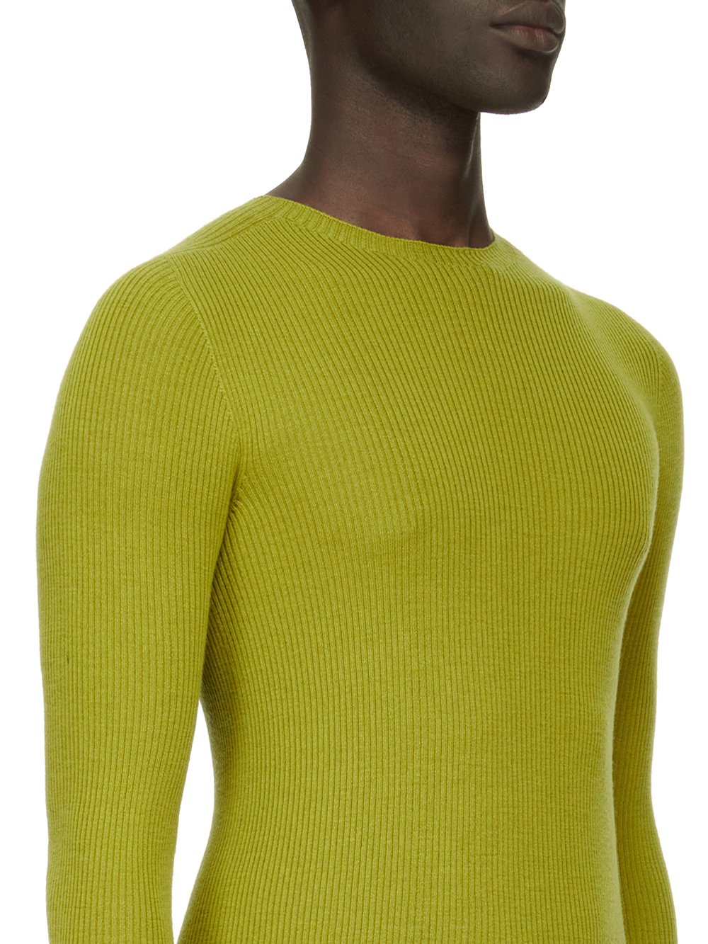 RICK OWENS FW23 LUXOR RIBBED ROUND NECK IN ACID YELLOW LIGHTWEIGHT RIBBED KNIT