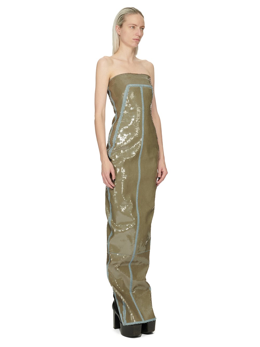 RICK OWENS FW23 LUXOR BUSTIER GOWN IN BLUE AND DUST SEQUIN EMBROIDERED STRETCH DENIM