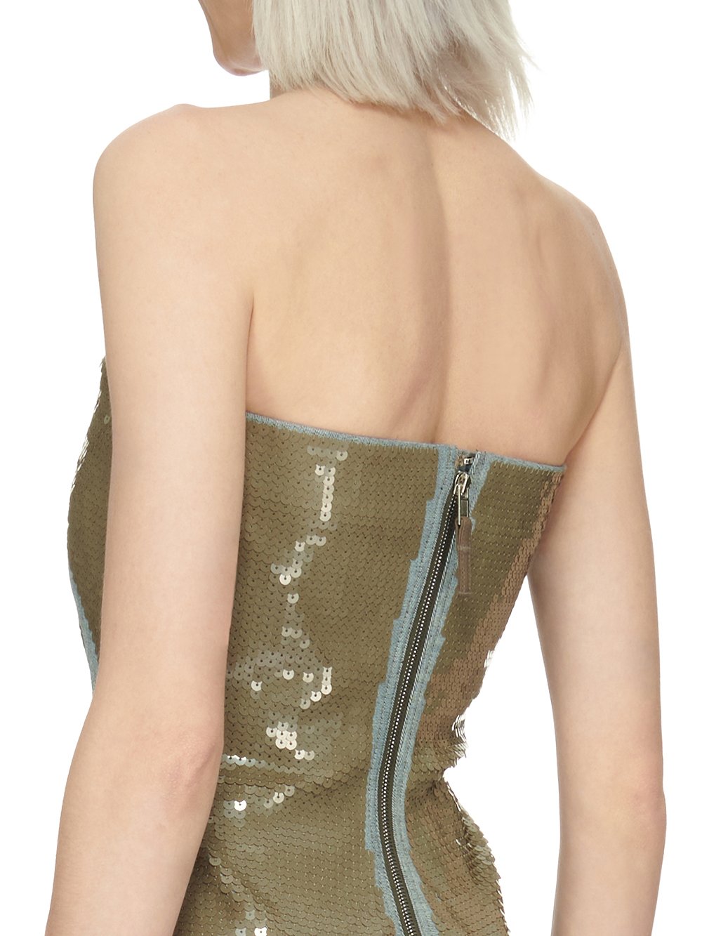 RICK OWENS FW23 LUXOR BUSTIER GOWN IN BLUE AND DUST SEQUIN EMBROIDERED STRETCH DENIM