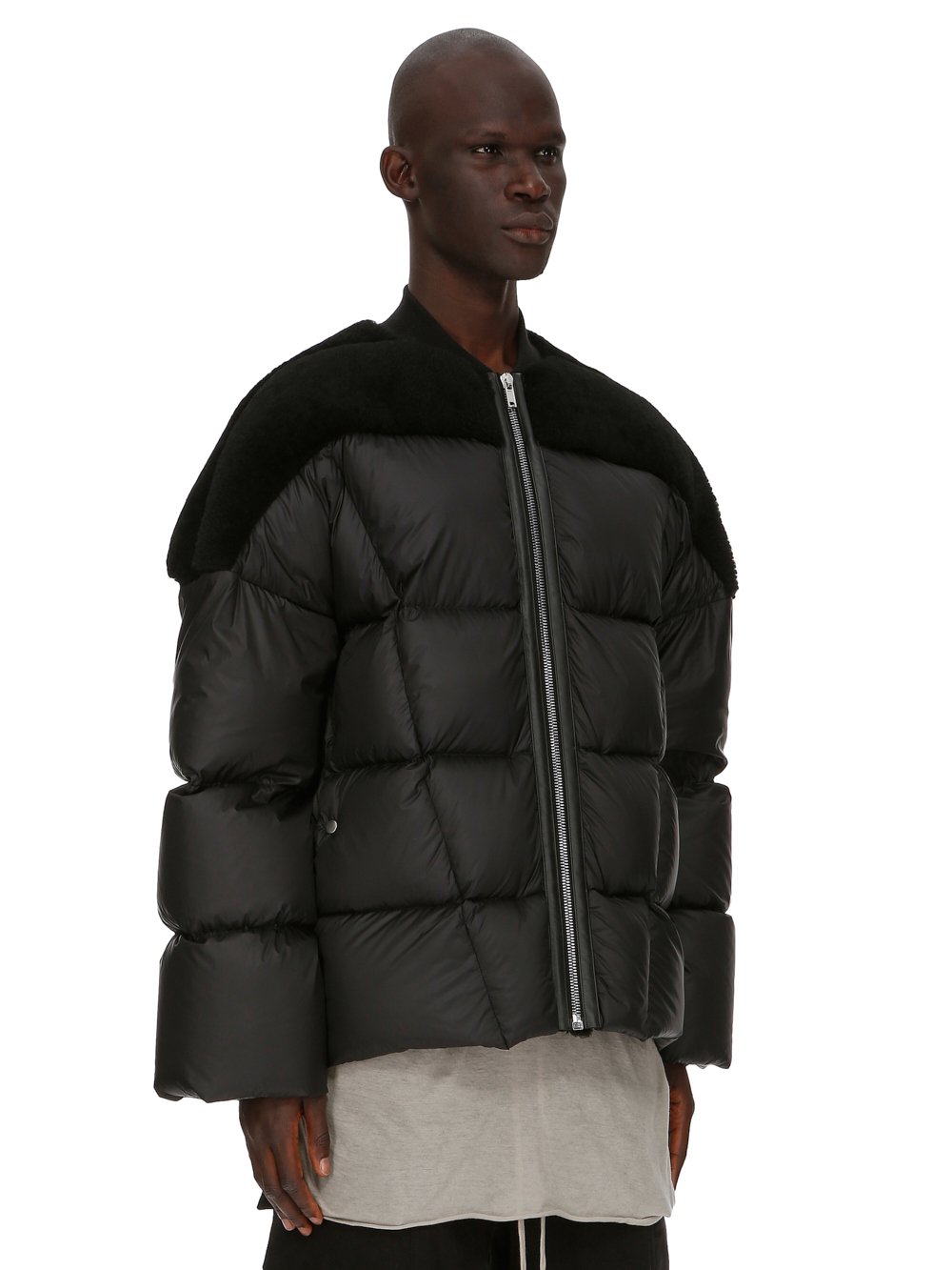 RICK OWENS FW23 LUXOR FLIGHT JKT IN BLACK BUTTER LAMB SHEARLING AND RECYCLED NYLON