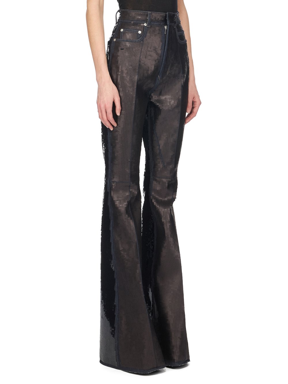 RICK OWENS FW23 LUXOR RUNWAY BOLAN BOOTCUT IN BLUE AND BLACK SEQUIN EMBROIDERED STRETCH DENIM