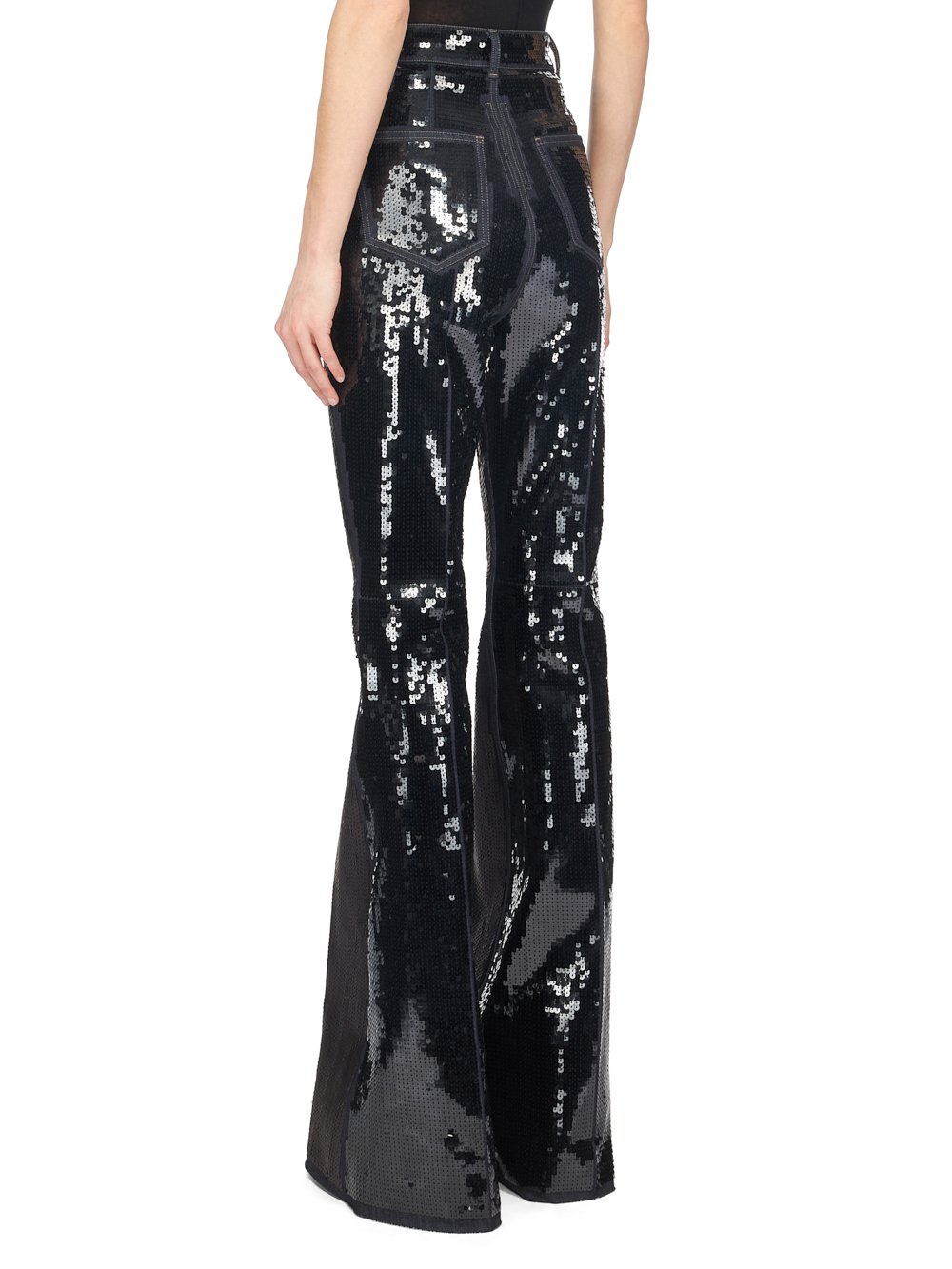 RICK OWENS FW23 LUXOR RUNWAY BOLAN BOOTCUT IN BLUE AND BLACK SEQUIN EMBROIDERED STRETCH DENIM