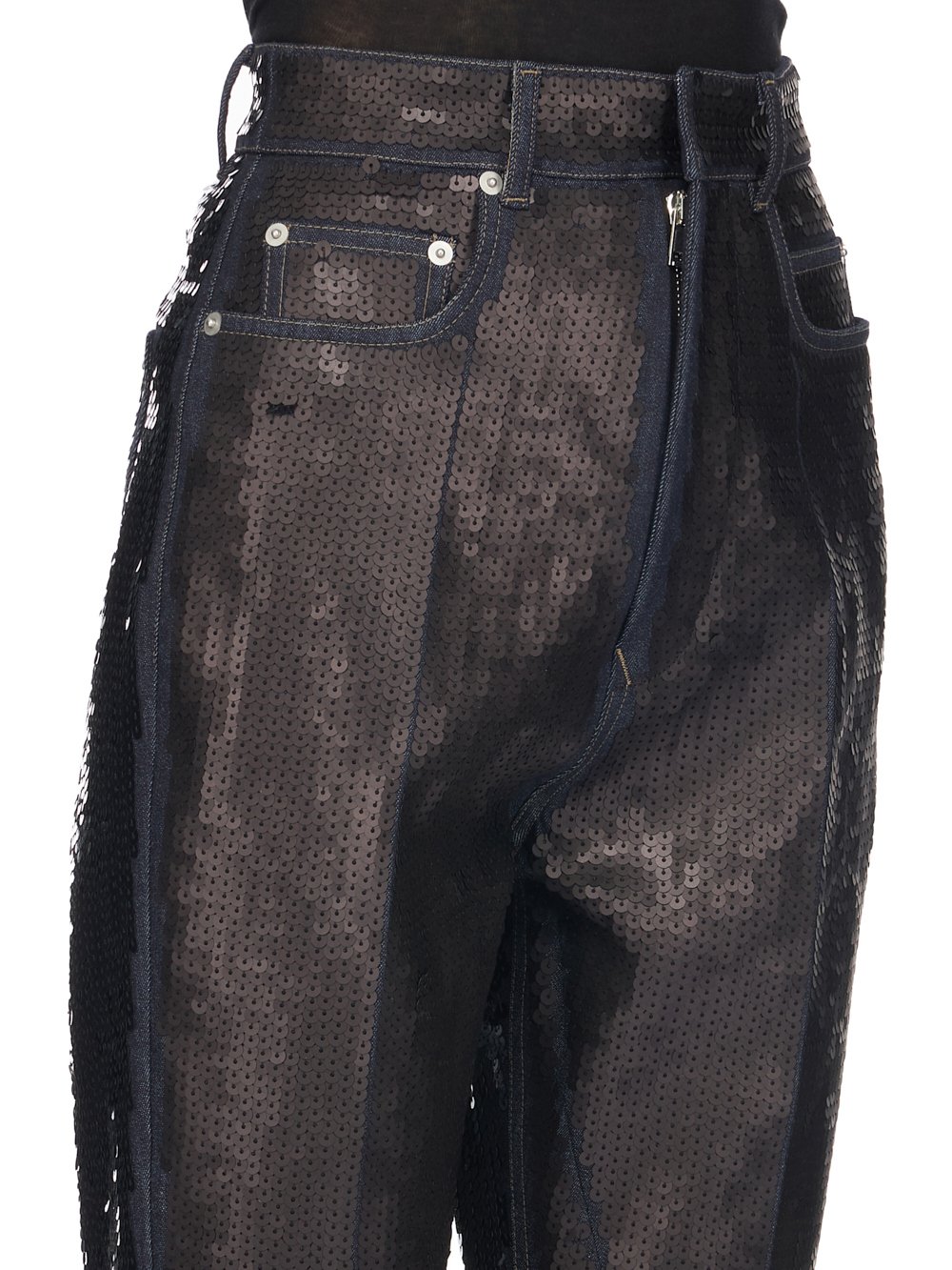 RICK OWENS FW23 LUXOR RUNWAY BOLAN BOOTCUT IN BLUE AND BLACK SEQUIN EMBROIDERED STRETCH DENIM