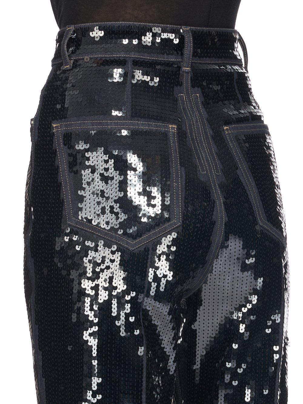 RICK OWENS FW23 LUXOR RUNWAY BOLAN BOOTCUT IN BLUE AND BLACK SEQUIN EMBROIDERED STRETCH DENIM