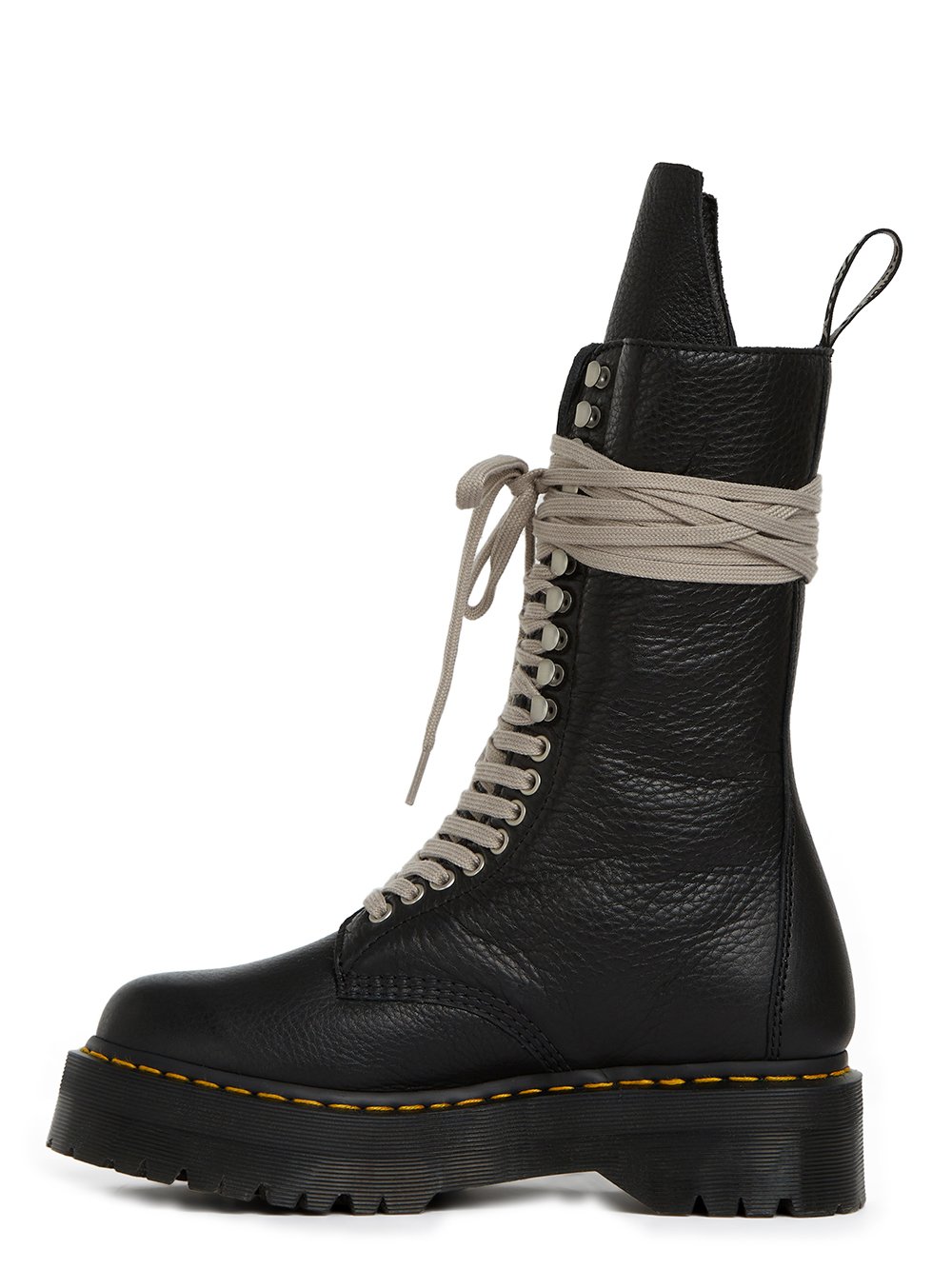 DR. MARTENS x RICK OWENS FW22 STROBE CALF LENGTH BOOT IN  BLACK MATTE GRAINY COW LEATHER. 