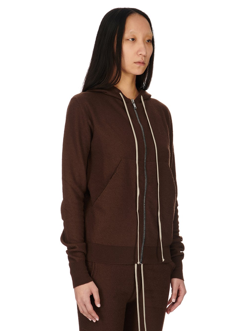 RICK OWENS FW23 LUXOR ZIPPED HOODIE IN BROWN BOILED CASHMERE KNIT