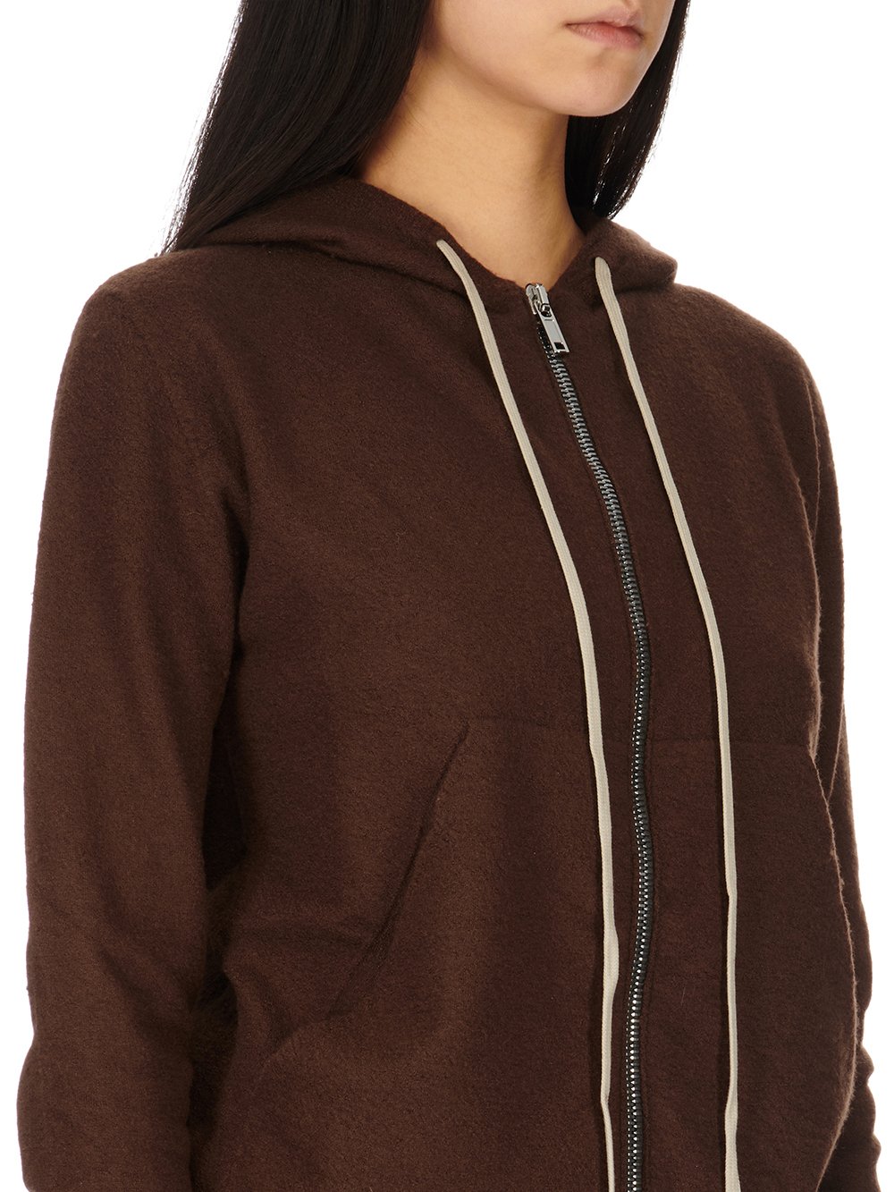 RICK OWENS FW23 LUXOR ZIPPED HOODIE IN BROWN BOILED CASHMERE KNIT