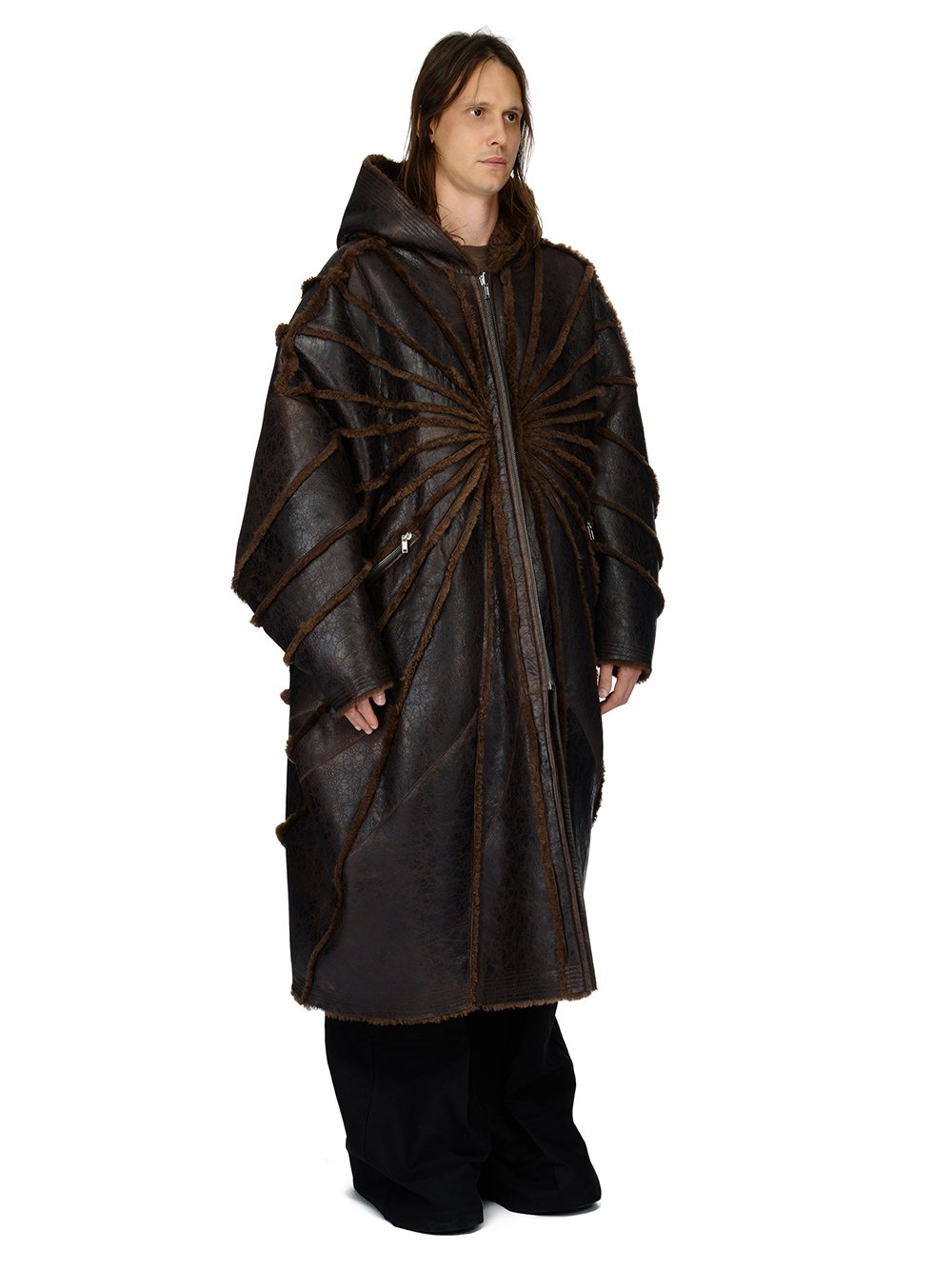 RICK OWENS FW23 LUXOR RUNWAY JUMBO PETER PEA IN BROWN BUTTER LAMB SHEARLING RADIANCE