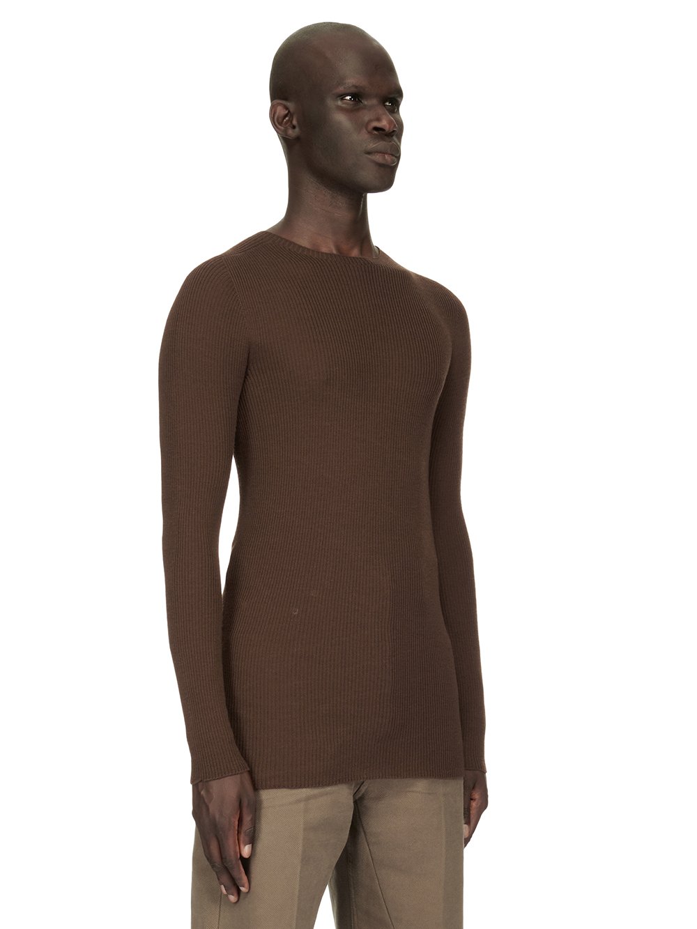 RICK OWENS FW23 LUXOR RIBBED ROUND NECK IN BROWN LIGHTWEIGHT RIBBED KNIT