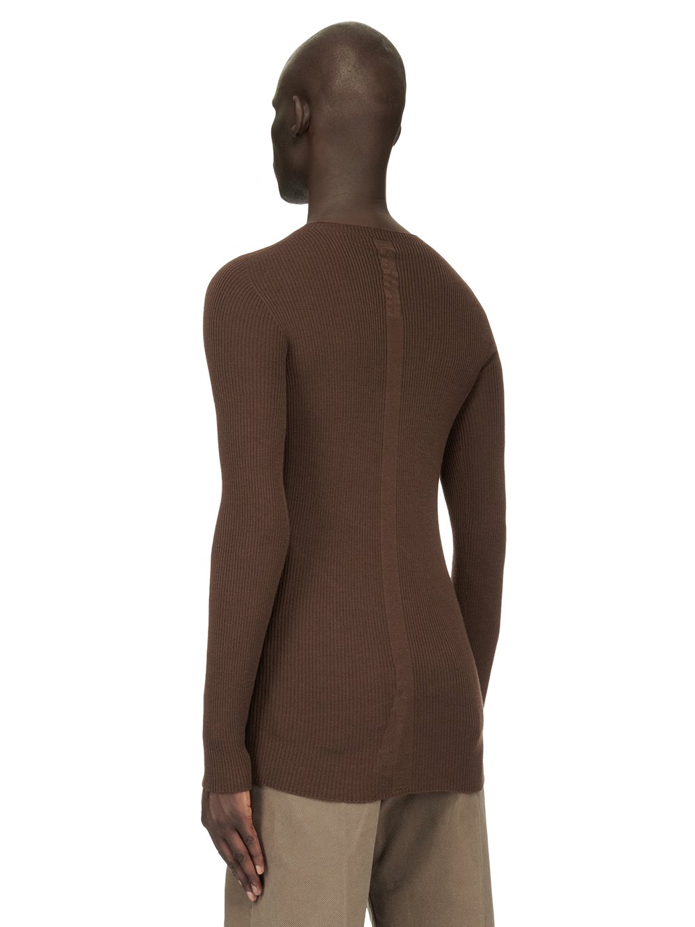 RICK OWENS FW23 LUXOR RIBBED ROUND NECK IN BROWN LIGHTWEIGHT RIBBED KNIT