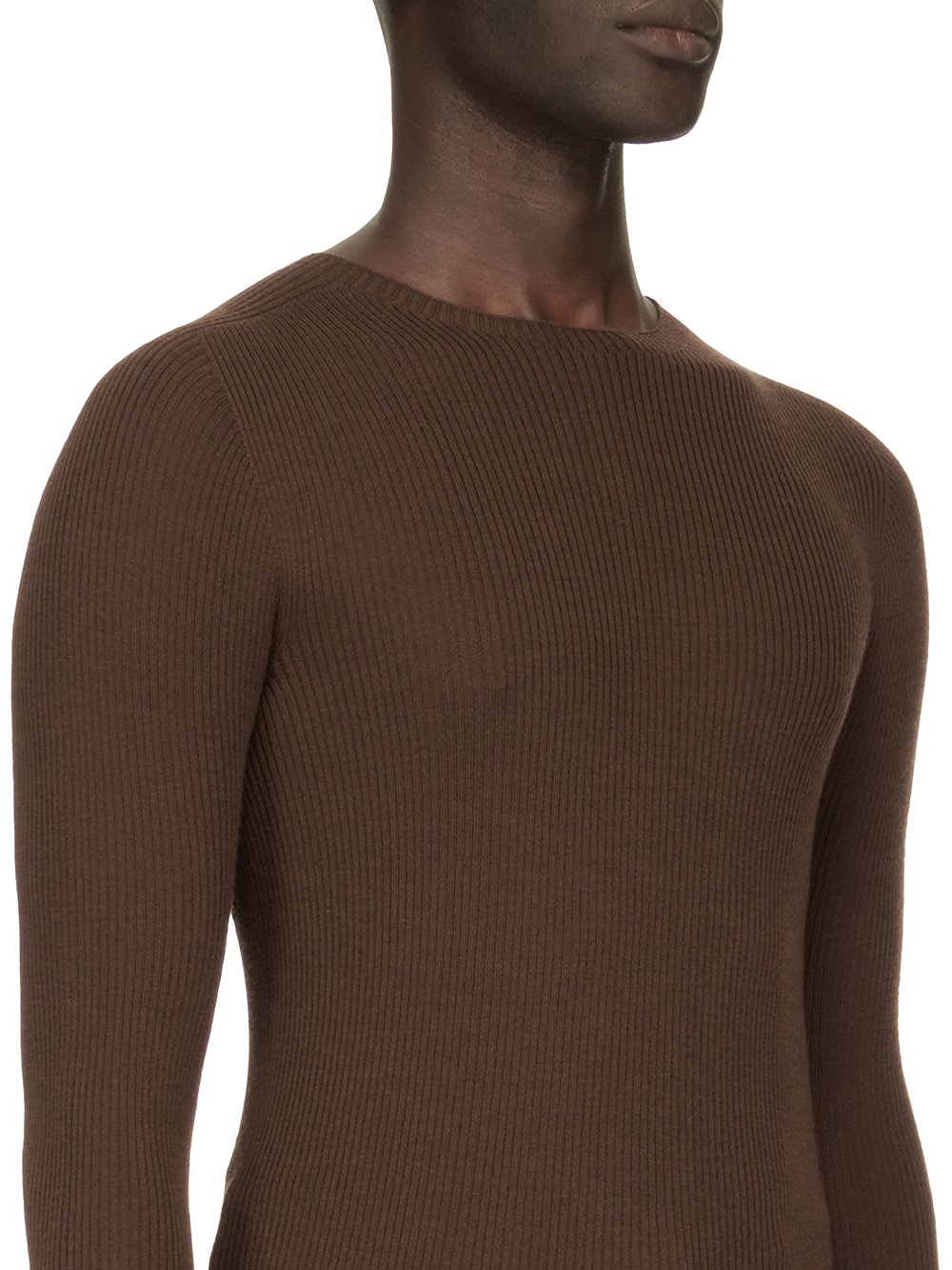 RICK OWENS FW23 LUXOR RIBBED ROUND NECK IN BROWN LIGHTWEIGHT RIBBED KNIT