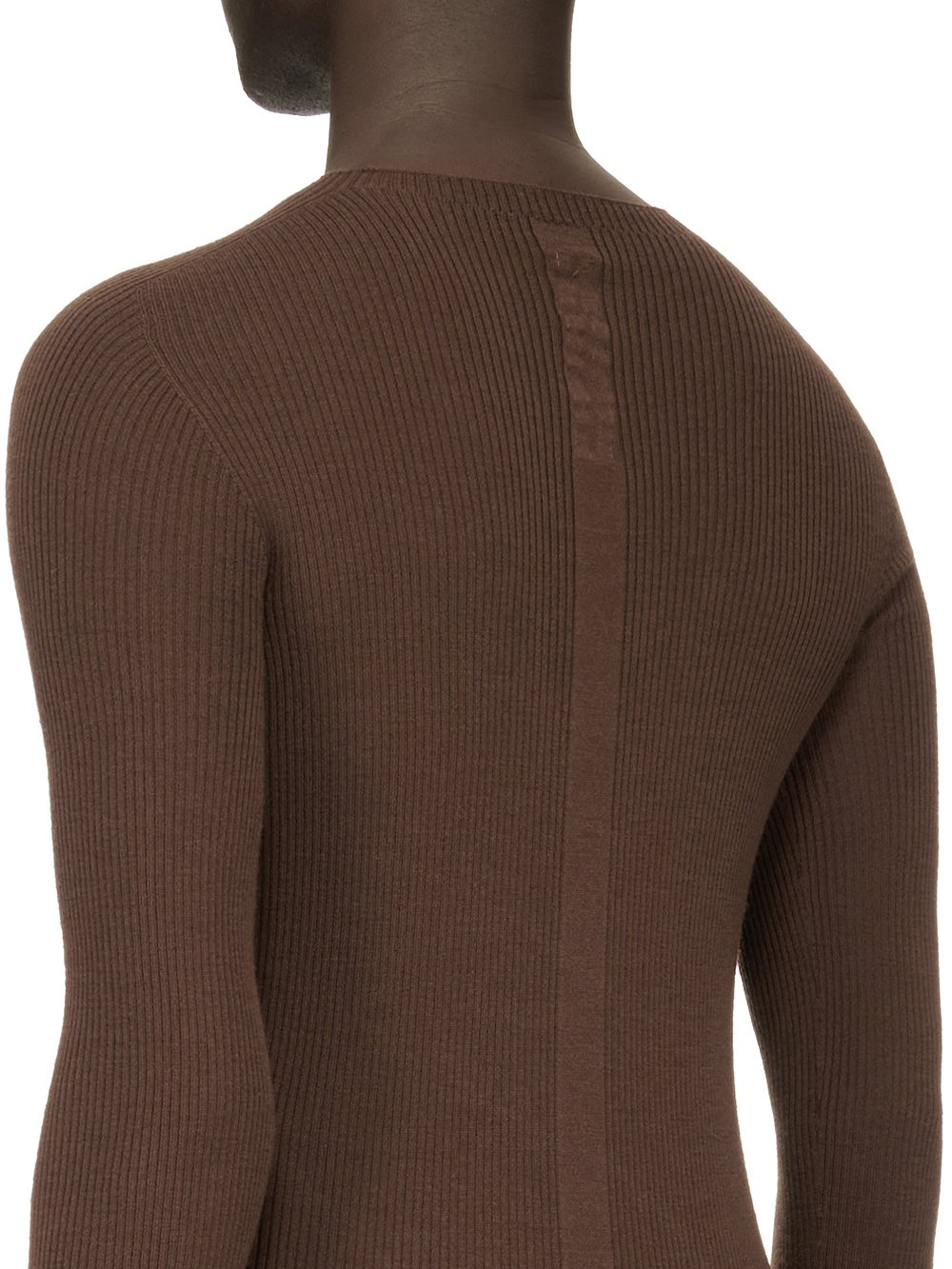 RICK OWENS FW23 LUXOR RIBBED ROUND NECK IN BROWN LIGHTWEIGHT RIBBED KNIT