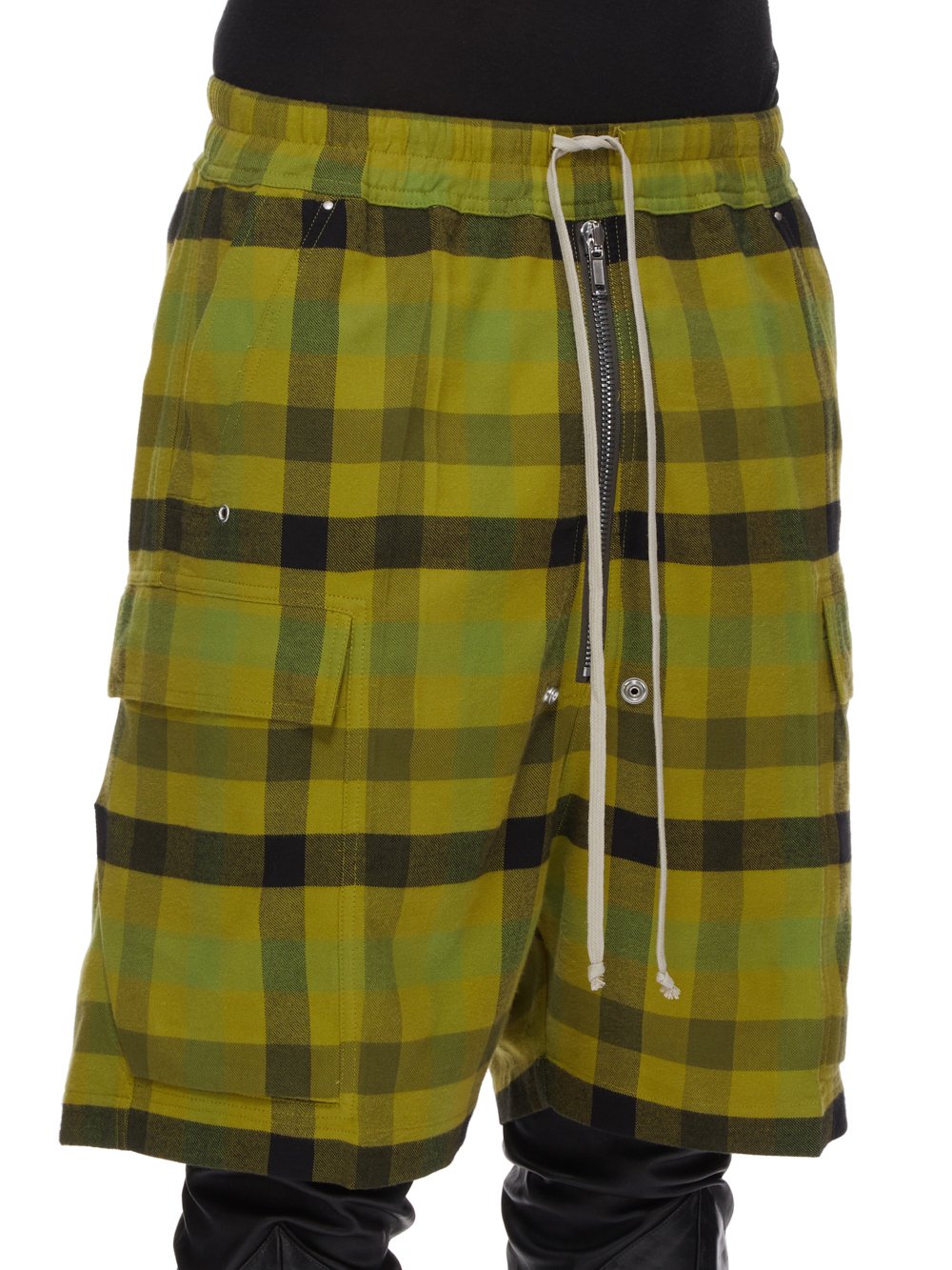 RICK OWENS FW23 LUXOR CARGOBELA SHORTS IN ACID COTTON PLAID