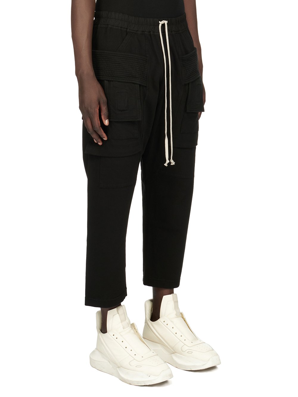 DRKSHDW FW23 LUXOR CREATCH CARGO CROPPED DRAWSTRING IN BLACK COMPACT HEAVY COTTON JERSEY