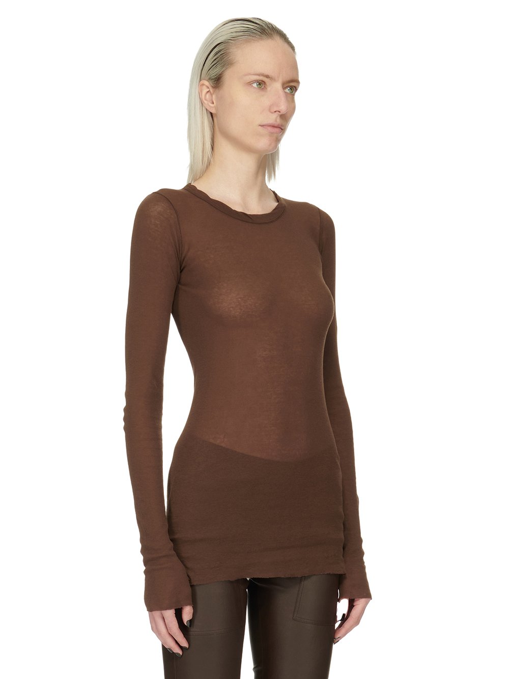 RICK OWENS FW23 LUXOR RIB LS T IN BROWN MINI RIB JERSEY