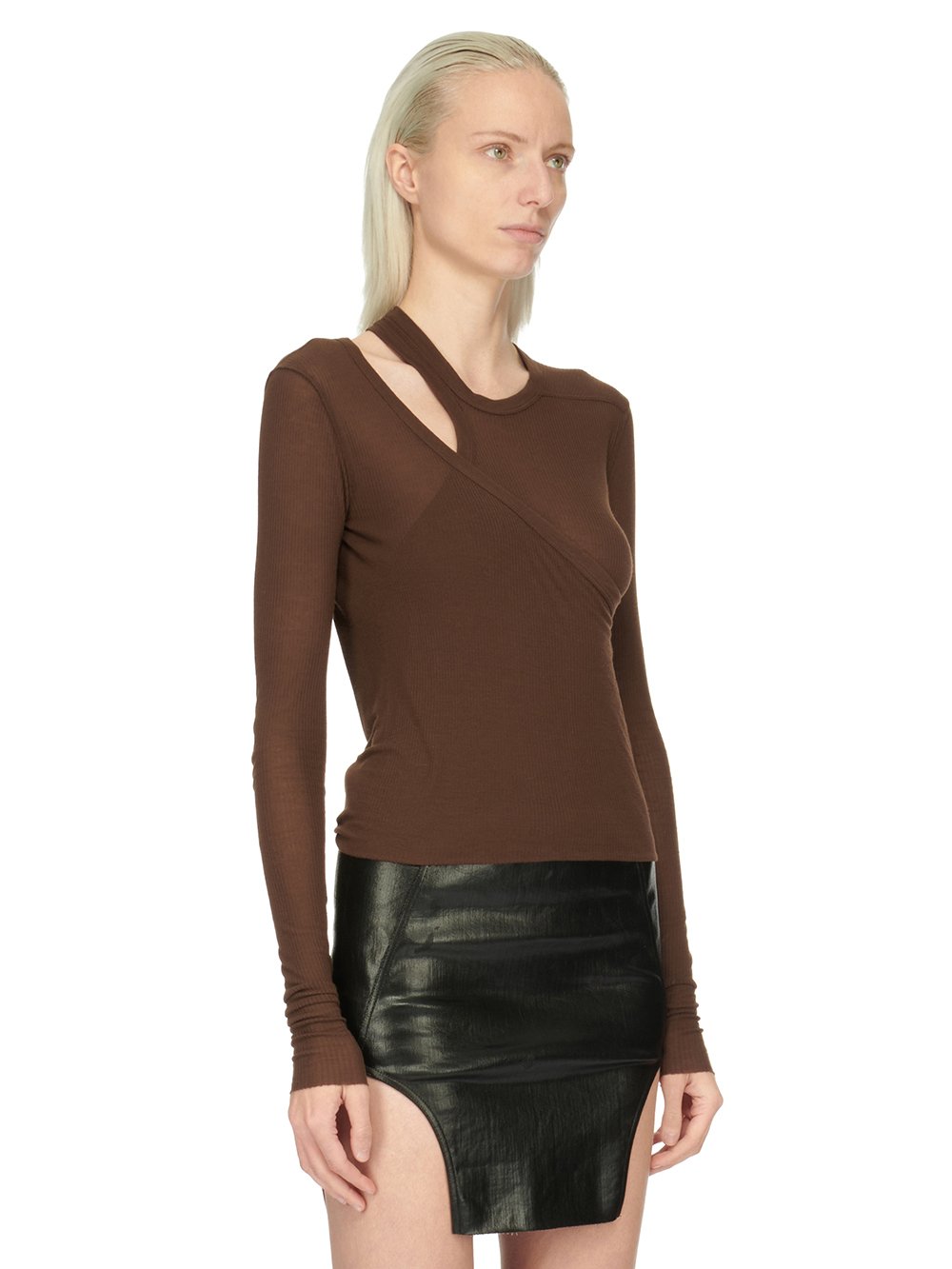 RICK OWENS FW23 LUXOR BANANA LS T IN BROWN VISCOSE SILK RIB JERSEY