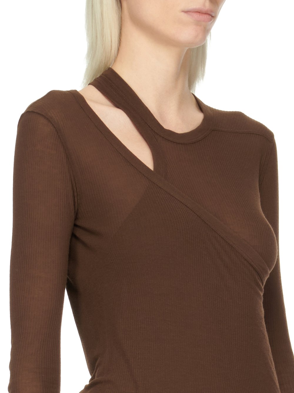 RICK OWENS FW23 LUXOR BANANA LS T IN BROWN VISCOSE SILK RIB JERSEY