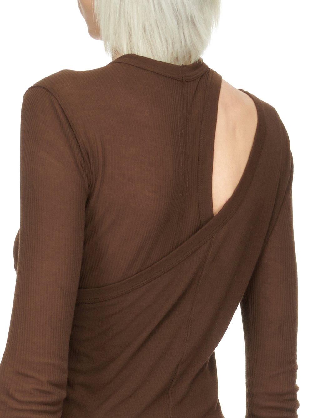 RICK OWENS FW23 LUXOR BANANA LS T IN BROWN VISCOSE SILK RIB JERSEY