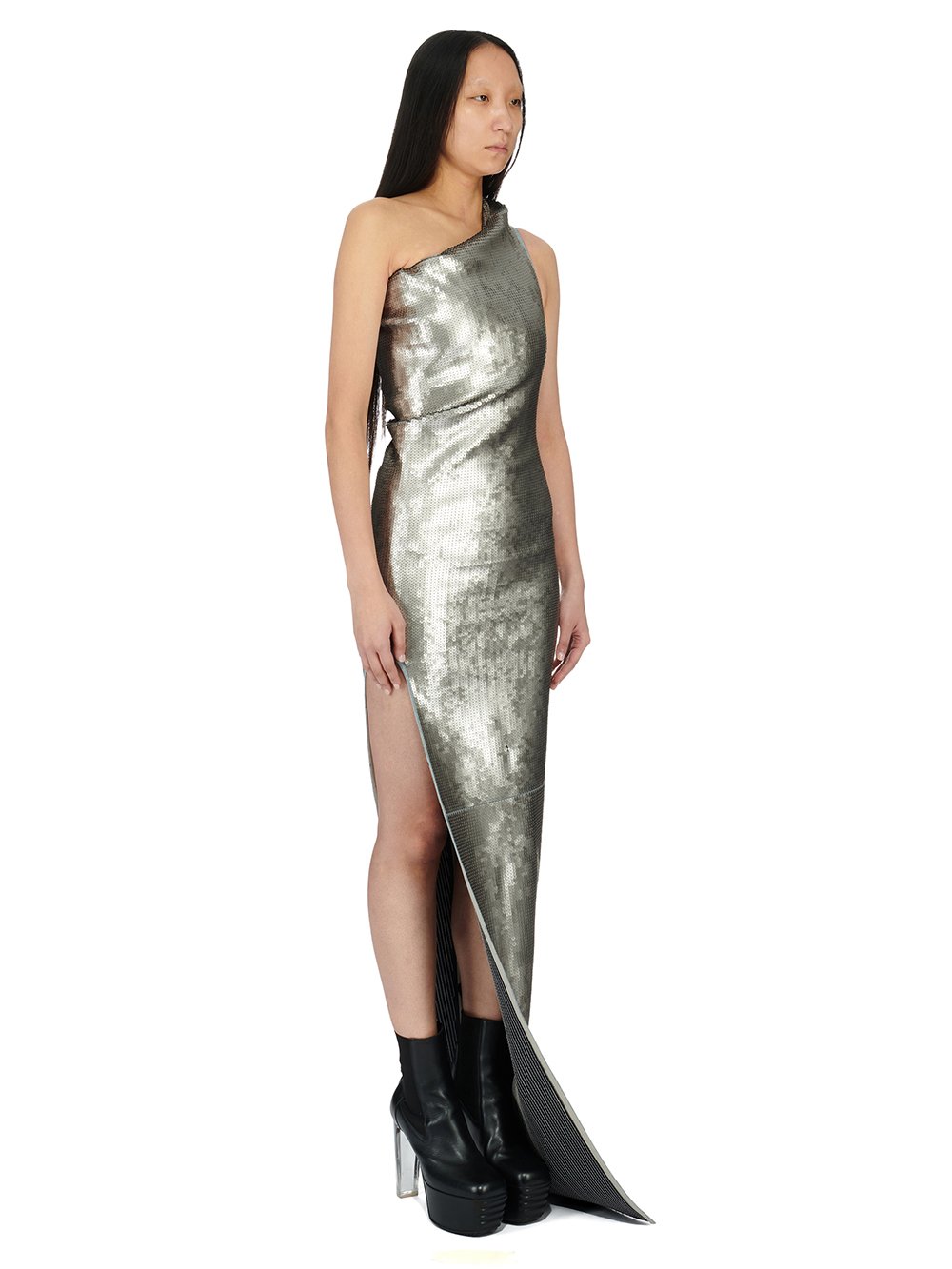 RICK OWENS FW23 LUXOR ATHENA GOWN IN BLUE AND PEARL SEQUIN EMBROIDERED STRETCH DENIM