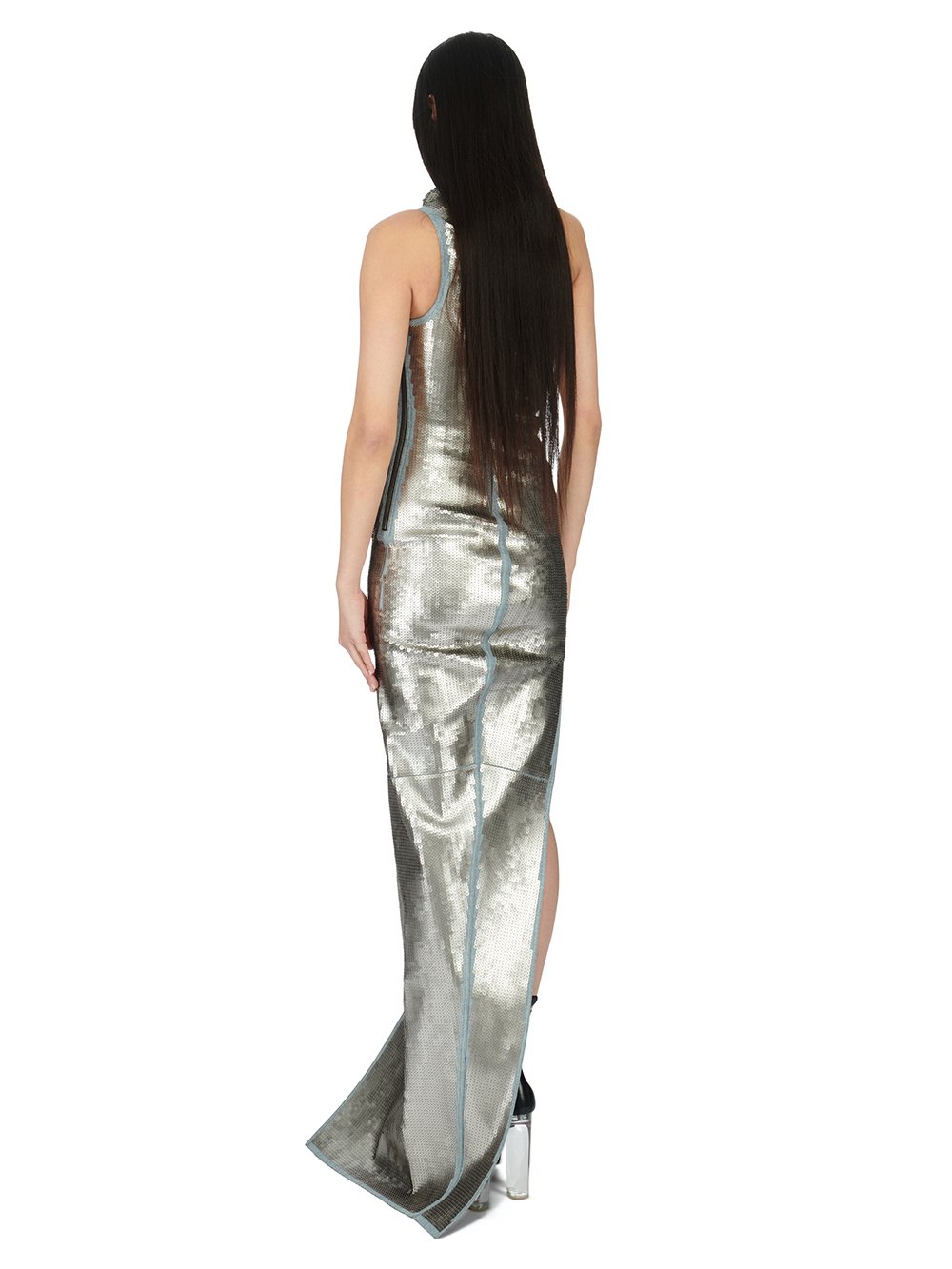 RICK OWENS FW23 LUXOR ATHENA GOWN IN BLUE AND PEARL SEQUIN EMBROIDERED STRETCH DENIM