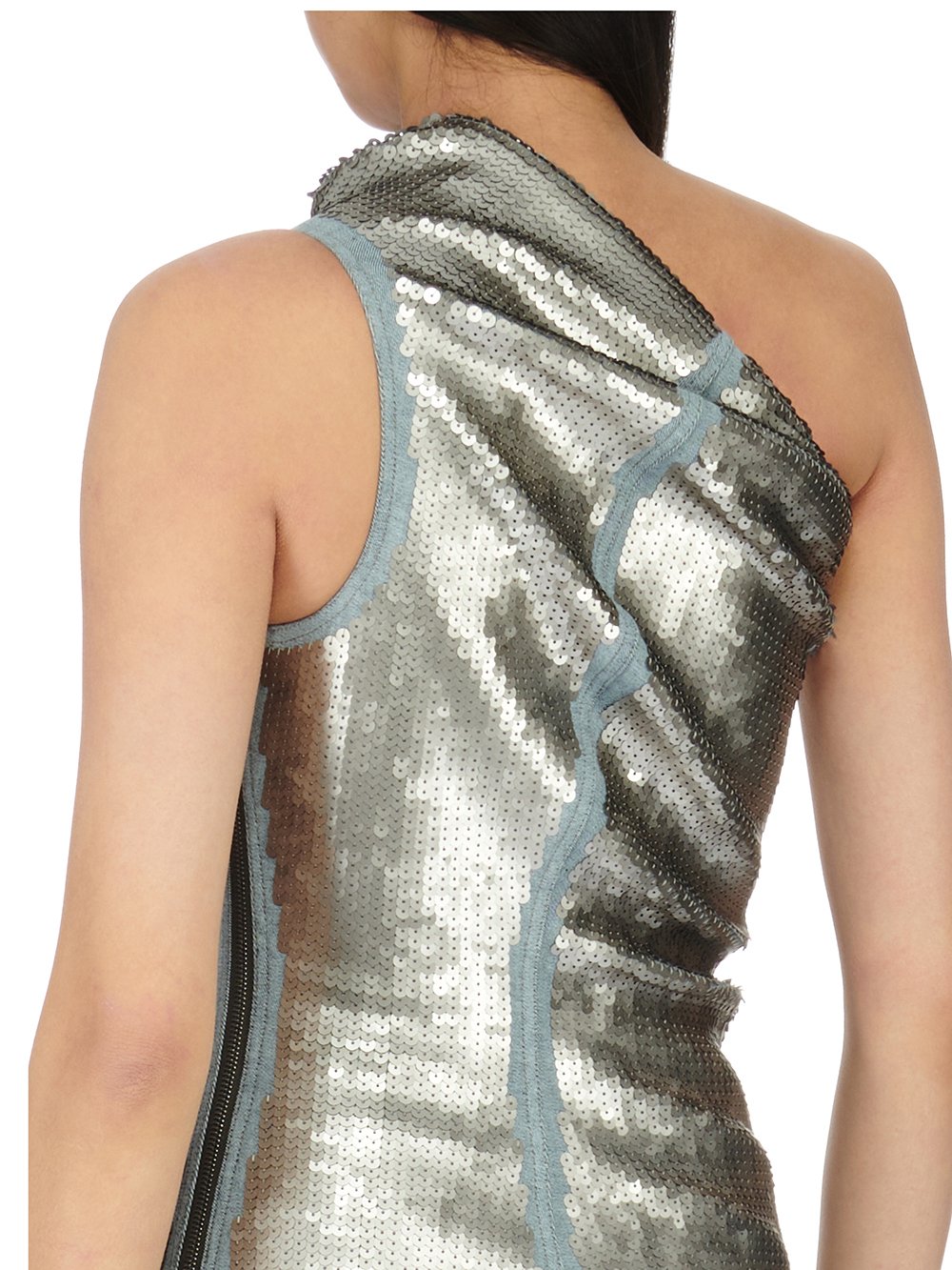 RICK OWENS FW23 LUXOR ATHENA GOWN IN BLUE AND PEARL SEQUIN EMBROIDERED STRETCH DENIM