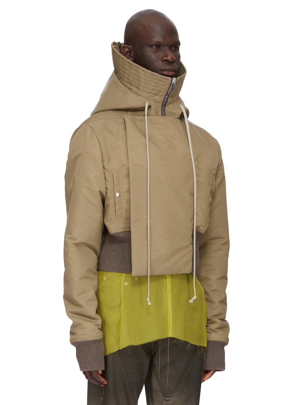 RICK OWENS FW23 LUXOR RUNWAY CROPPED ALICE PARKA IN PALE GREEN, DUST AND BLACK RECYCLED BOMBER