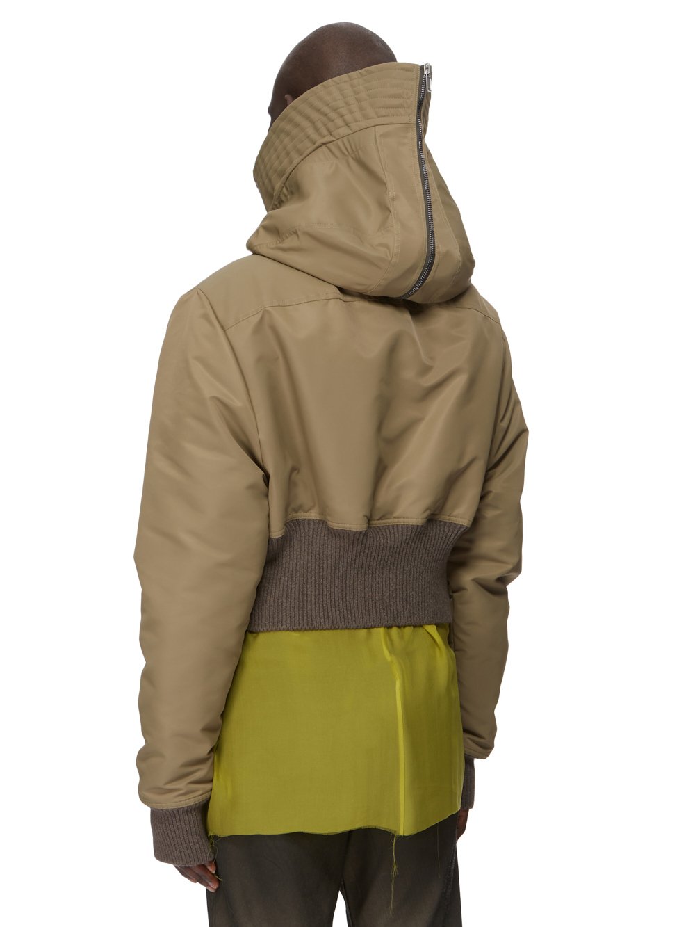 RICK OWENS FW23 LUXOR RUNWAY CROPPED ALICE PARKA IN PALE GREEN, DUST AND BLACK RECYCLED BOMBER